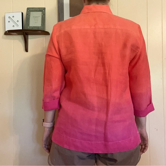 Jones New York Large Linen Orange Pink Ombré 3/4 Sleeve Button Up Gold Baggy - Picture 2 of 7